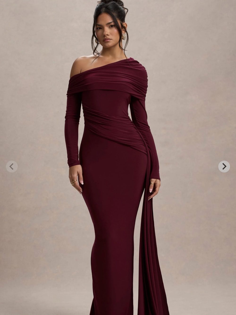VALINA - Burgundy Ruched Asymmetric Maxi Dress With Drape